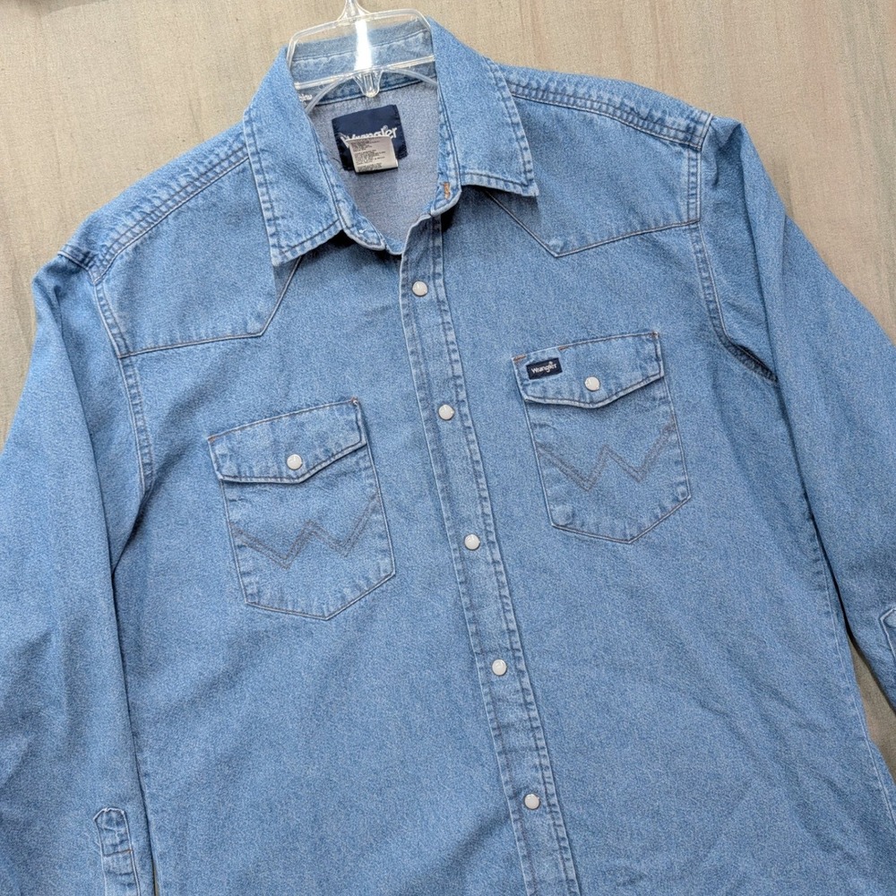 Wrangler Mens Western Denim Shirt Large Blue Pearl Snap Long Sleeve 70127SW